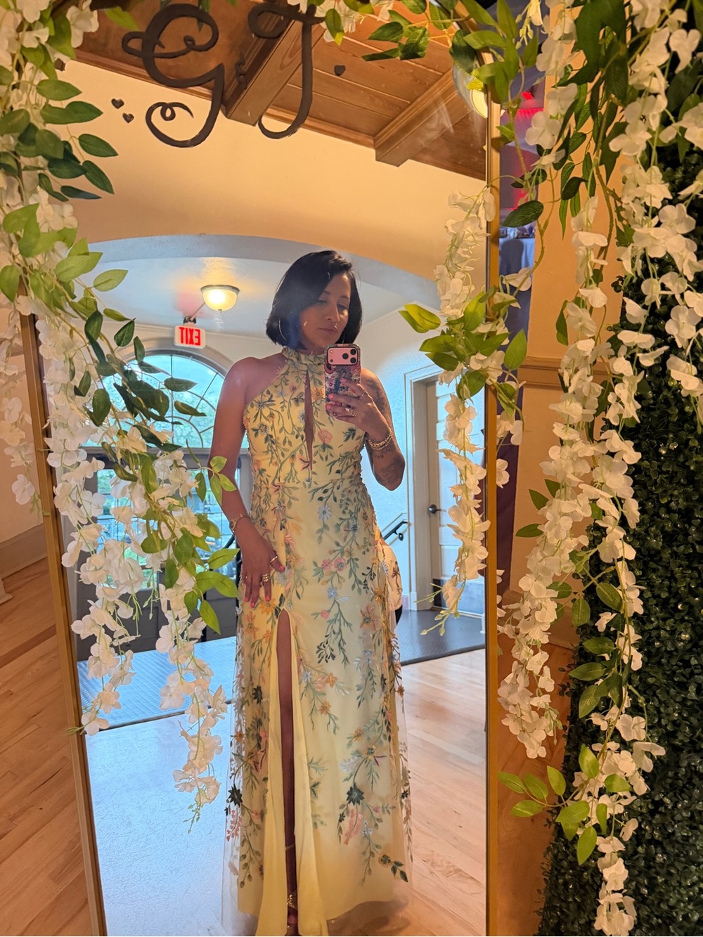 Elegant Floral Halter Wedding Dress in Pale Yellow